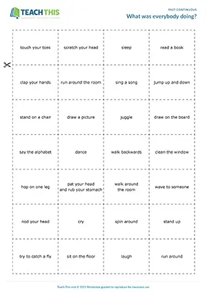 Past continuous miming game for A2: students mime activities and others make sentences about them