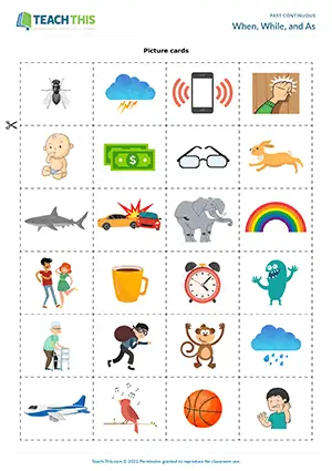 Past continuous and past simple game for B1: making sentences with when, while, as using prompts