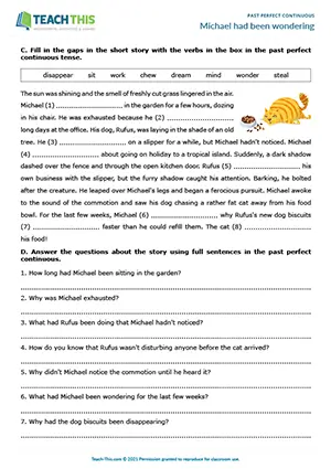 ESL past perfect continuous worksheet for intermediate B1: gap-fill, error correction, reading comprehension
