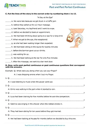 ESL worksheet for intermediate B1: past perfect continuous vs. past continuous, binary choice, sentence completion, story ordering
