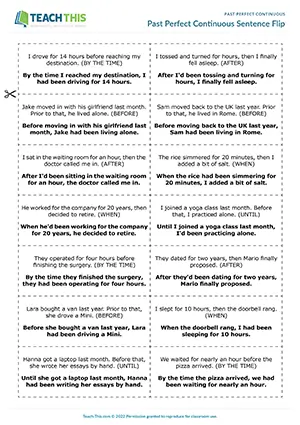 ESL past perfect continuous game for upper-intermediate B2: controlled practice, sentence transformation, group competition