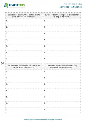 ESL past perfect continuous activity for upper-intermediate B2: writing sentence halves, story creation, group practice
