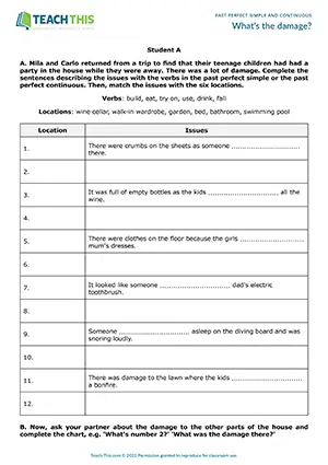 ESL past perfect simple and continuous activity for upper-intermediate B2: gap-fill, matching, information gap, pair work