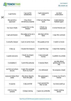 ESL past simple and past perfect domino game for upper-intermediate B2: matching, sentence reforming, group grammar practice
