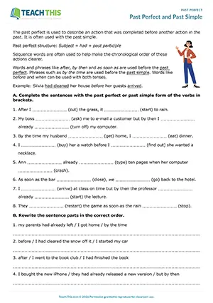 ESL worksheet preview for intermediate B1 showing grammar exercises for past perfect and past simple, matching, sentence completion, and writing activities