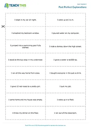 ESL past perfect game preview for intermediate B1 showing explanation activities, situation cards, group speaking, and grammar practice
