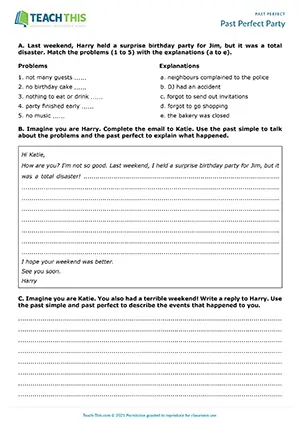 ESL past perfect and past simple worksheet for upper-intermediate B2: matching, email writing, group grammar and writing