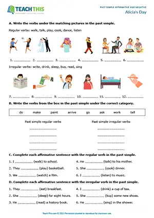 ESL past simple worksheet showing regular and irregular verbs, affirmative and negative sentences for A1-A2