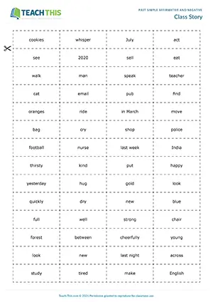 ESL past simple game for pre-intermediate A2: group story, affirmative and negative sentences