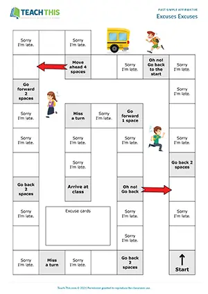 ESL past simple board game for pre-intermediate A2: making excuses, regular/irregular verbs