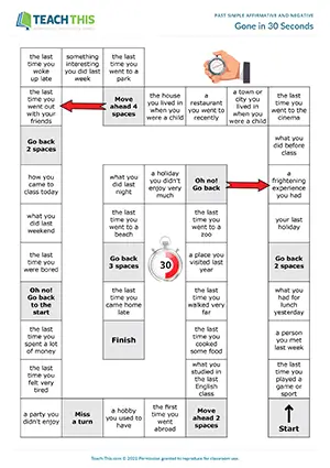 ESL past simple board game for pre-intermediate A2: talking about topics in past simple, group game