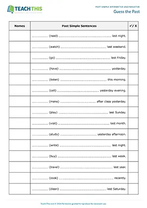 ESL past simple affirmative game for elementary A1-A2: sentence completion, guessing, Q&A