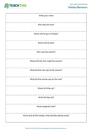 ESL past simple activity for pre-intermediate A2: inventing stories, question and answer, group writing