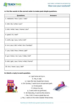 ESL past simple worksheet for pre-intermediate A2: weekend conversation, dialogue, role-play