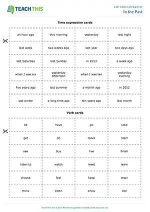 ESL past simple game for elementary A1-A2: forming affirmative sentences, time expressions, group game
