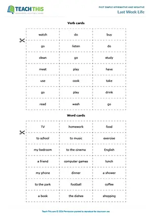 ESL past simple affirmative game for elementary A1-A2: matching, forming sentences, freer practice, group work