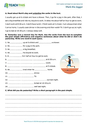 ESL past simple worksheet for elementary A1-A2: reading, gap-fill, affirmative and negative sentences