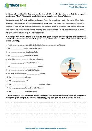 ESL past simple worksheet for elementary A1-A2: reading, gap-fill, affirmative and negative sentences
