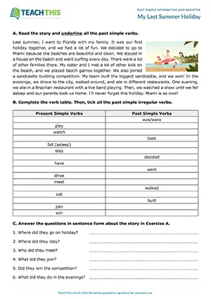 ESL past simple worksheet for elementary A1-A2: holiday story, regular/irregular verbs, writing
