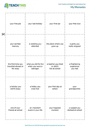 ESL past simple fluency practice for intermediate B1: speaking, impromptu speech, group work