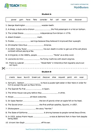 ESL past simple game for upper-intermediate B2: gap-fill, guessing facts or myths, group discussion