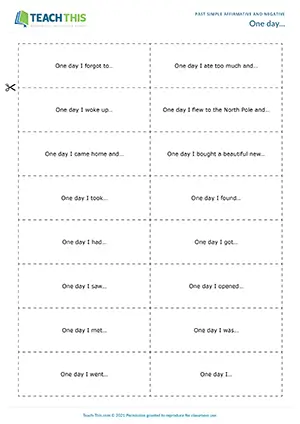 ESL past simple speaking activity for intermediate B1: story chain, affirmative and negative sentences