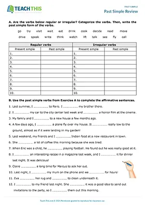 ESL past simple worksheet for pre-intermediate A2: regular/irregular verbs, affirmative/negative sentences, questions