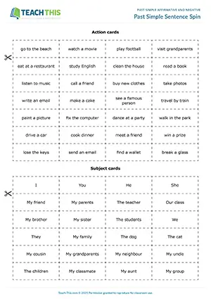ESL past simple game for elementary A1-A2: making affirmative and negative sentences, action cards