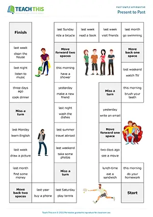 ESL present simple to past simple board game for elementary A1-A2: forming sentences, regular/irregular verbs