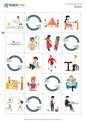 ESL past simple game for elementary A1-A2: affirmative sentences, picture cards, group practice