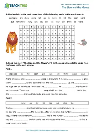ESL past simple worksheet for intermediate B1: story, word search, gap-fill, rewriting