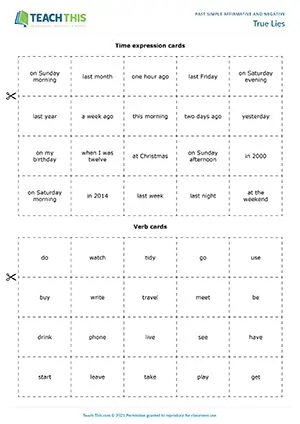 ESL past simple game for pre-intermediate A2: true or false, affirmative and negative statements, group guessing