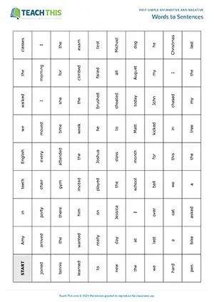 ESL past simple board game for pre-intermediate A2: collecting words, making affirmative sentences, pronunciation