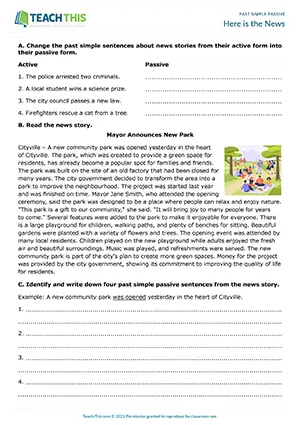 ESL past simple passive worksheet for intermediate B1: news reports, active/passive, rewriting sentences