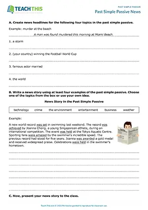 ESL past simple passive worksheet for intermediate B1: news headlines, writing a news story