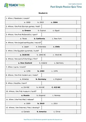 ESL passive voice game for intermediate B1: writing and asking questions, quiz, group and pair work