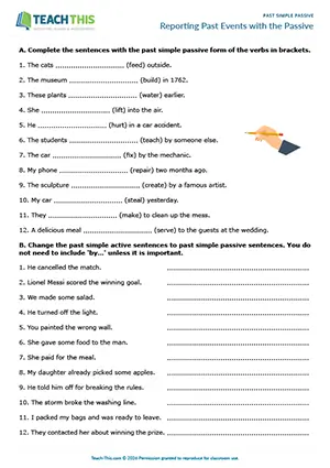 ESL past simple passive worksheet for intermediate B1: gap-fill, active/passive, newspaper headlines