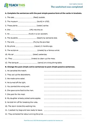 ESL past simple passive worksheet for intermediate B1: gap-fill, active/passive, newspaper headlines