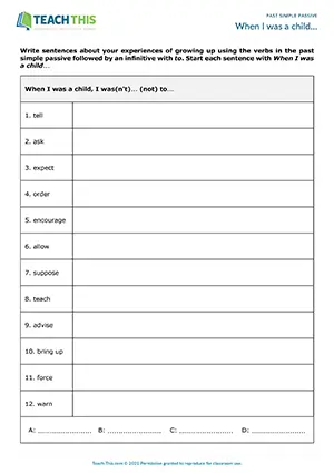 ESL past simple passive activity for upper-intermediate B2: experiences, writing sentences, discussion
