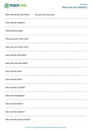 ESL was/were activity for pre-intermediate A2: writing and reading about a holiday, descriptive sentences