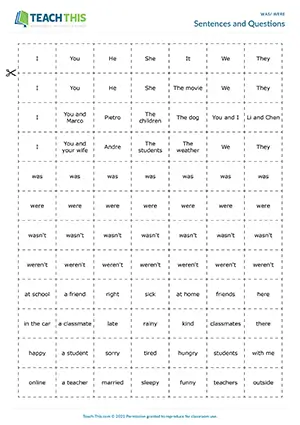 ESL was/were game for elementary A1-A2: forming sentences and questions, subject-verb agreement