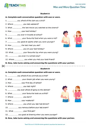 ESL was/were speaking activity for pre-intermediate A2: gap-fill, asking and answering questions, group and pair work