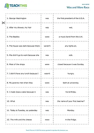 ESL was or were game for elementary A1-A2: sentence matching and completion, pair race
