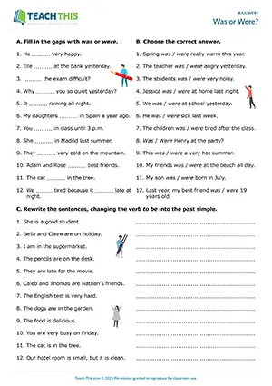 ESL was/were worksheet for elementary A1-A2: gap-fill, binary choice, rewriting sentences