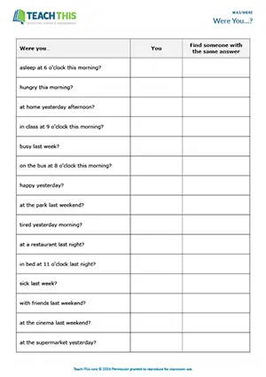 ESL was/were speaking activity for elementary A1-A2: asking 'Were you...?' and follow-up questions