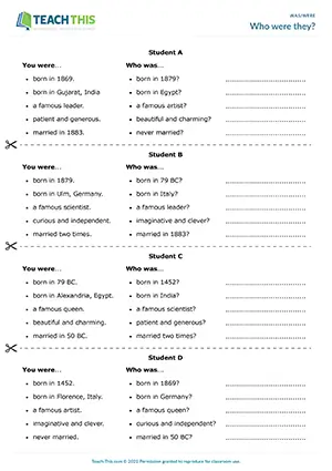 ESL was/were game for pre-intermediate A2: asking and answering questions, guessing famous people, group work
