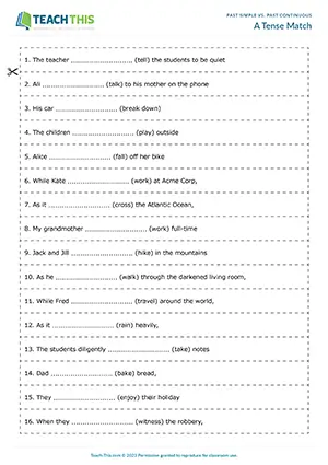ESL past simple and past continuous game for upper-intermediate B2: matching, gap-fill, pair work