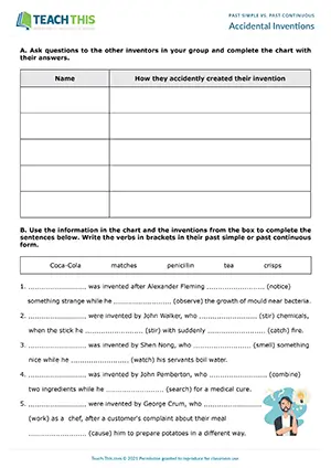 ESL past simple and past continuous activity for intermediate B1: inventors, Q&A, sentence completion