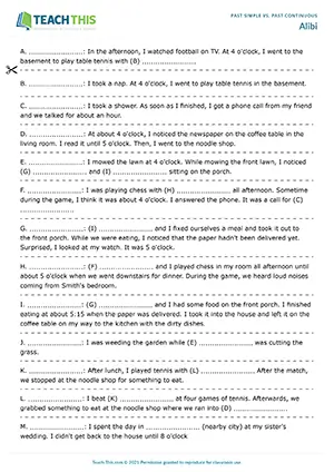 ESL past simple and past continuous role-play for intermediate B1: murder mystery, alibi checking