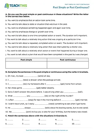 ESL past simple vs past continuous worksheet for intermediate B1: categorising, gap-fill, matching